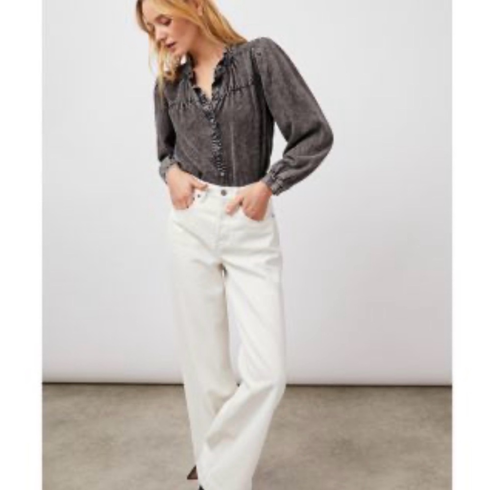 Rails Camille button down shirt Linen Blend black acid wash grey small Ruffle - Picture 2 of 9